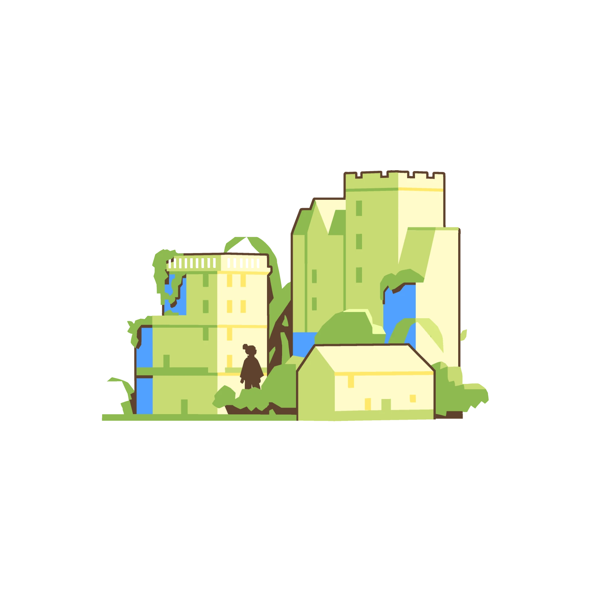An illustrated city block of buildings with greenery and a person looking on.